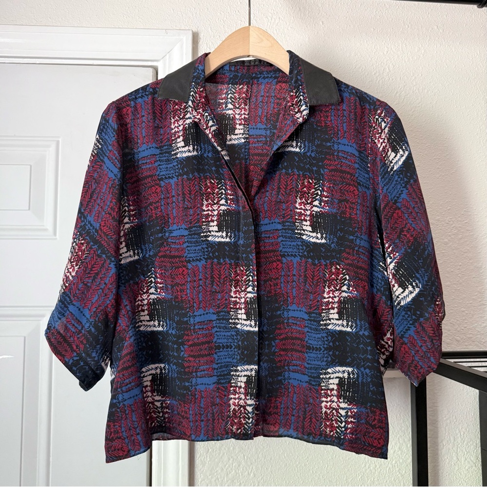Jenni Kayne red blue black white printed boxy silk‎ button up cropped shirt